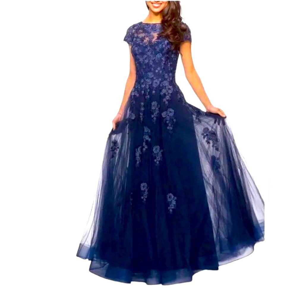 LA FEMME Navy Tulle Lace Roses & Rhinestones Formal Gown 14 MSRP $578 NWT